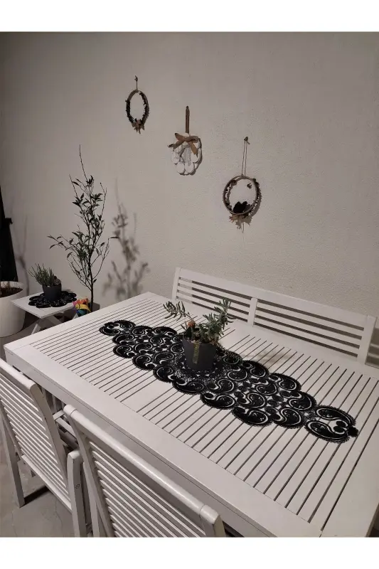 Damla Luxury Runner Living Room Bedside Table Tablecloth French Guipure Dowry Black-Black - 3