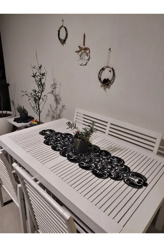 Damla Luxury Runner Living Room Bedside Table Tablecloth French Guipure Dowry Black-Black - 4