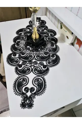 Damla Luxury Runner Living Room Bedside Table Tablecloth French Guipure Dowry Black-Black - 5