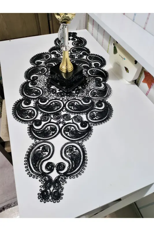 Damla Luxury Runner Living Room Bedside Table Tablecloth French Guipure Dowry Black-Black - 5
