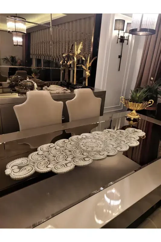 Damla Luxury Runner Living Room Coffee Table Tablecloth French Guipure Dowry Cream-Cream - 2