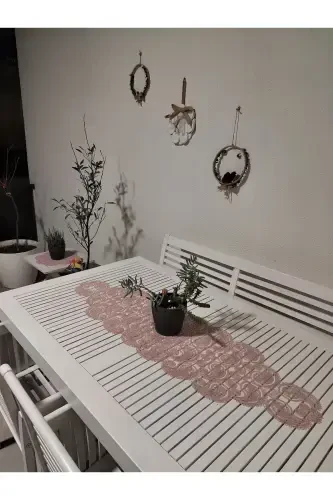 Damla Luxury Runner Living Room Coffee Table Tablecloth French Guipure Dowry Powder-Powder - 5