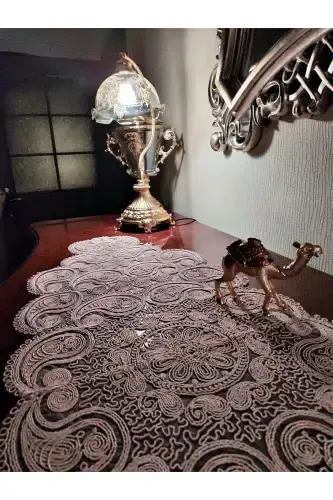 Damla Luxury Runner Living Room Coffee Table Tablecloth French Guipure Dowry Powder-Powder - 7