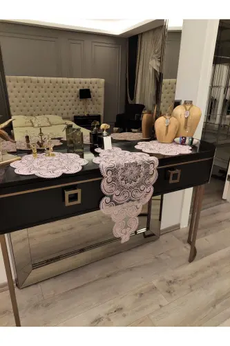 Damla Luxury Runner Living Room Coffee Table Tablecloth French Guipure Dowry Set Powder-Powder - 3