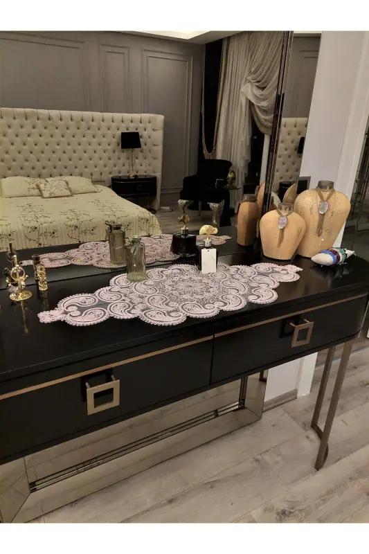 Damla Luxury Runner Living Room Coffee Table Tablecloth French Guipure Dowry Set Powder-Powder - 4