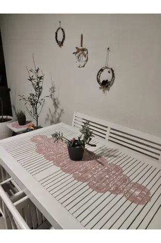 Damla Luxury Runner Living Room Coffee Table Tablecloth French Guipure Dowry Set Powder-Powder - 6