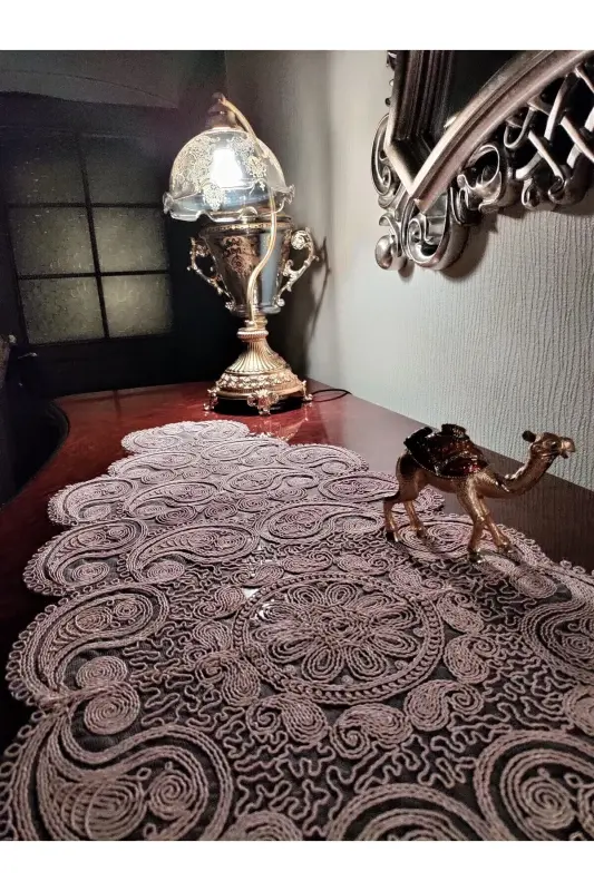 Damla Luxury Runner Living Room Coffee Table Tablecloth French Guipure Dowry Set Powder-Powder - 7