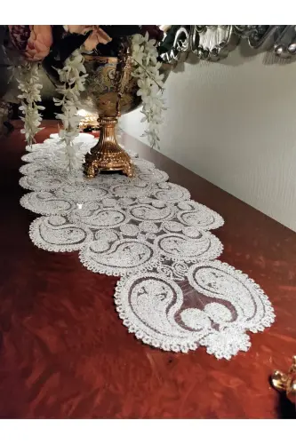 Damla Lyuks Runner Salon Oda Sehpa Stol Ustidagi Dazmol Fransuz Gipli Sep Gold Simli-Gold Simli - 6