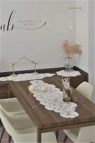 Damla Lyuks Runner Salon Xona Divan Stol Dasturxon Fransuz Gipyurlik Seplik Krem-Krem - 4