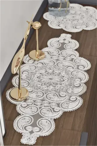 Damla Lyuks Runner Salon Xona Divan Stol Dasturxon Fransuz Gipyurlik Seplik Krem-Krem - 5