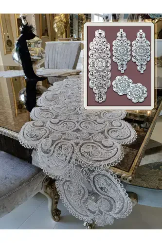 Damla Lyuks Runner Salon Xona Divan Stol Dasturxon Fransuz Gipyurlik Seplik Krem-Krem - 6