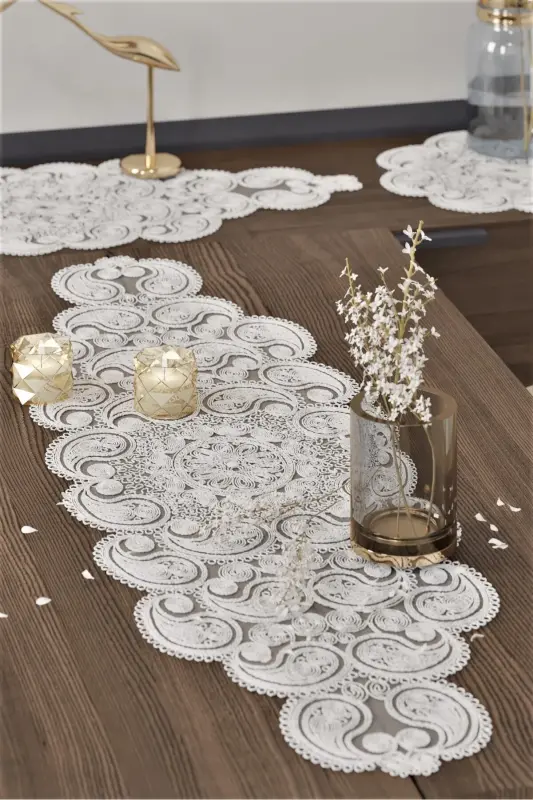 Damla Lyuks Runner Salon Xona Divan Stol Dasturxon Fransuz Gipyurlik Seplik Krem-Krem - CAMİNHO DA LUA