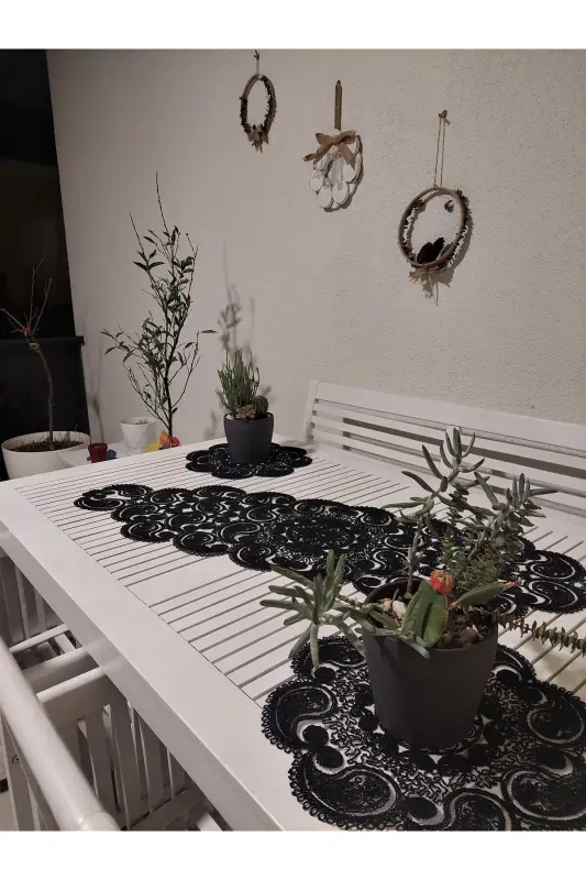 Damla Lyuks Runner Salon Xona Sarpach Stol Dasturxon Fransuz Gipyurlu Sep Siyoh-Siyoh - 2