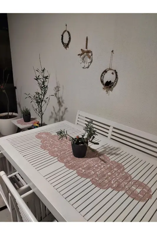 Damla Lyuks Runner Salon Xona Sehpa Stol Dasturxon Fransuz Gipyurli Seplik Pudra-Pudra - 5