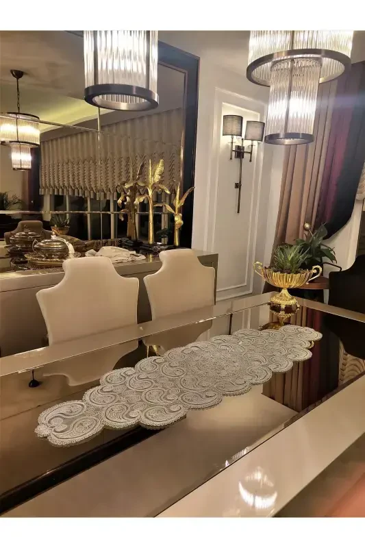 Damla Runner Salon Oda Sehpa Masa Örtüsü Fransız Güpürlü Çeyizlik Gri-Gri - 1