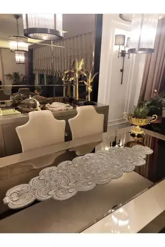 Damla Runner Salon Oda Sehpa Masa Örtüsü Fransız Güpürlü Çeyizlik Gri-Gri - CAMİNHO DA LUA (1)