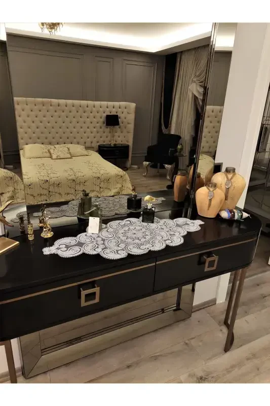 Damla Runner Salon Oda Sehpa Masa Örtüsü Fransız Güpürlü Çeyizlik Gri-Gri - 4