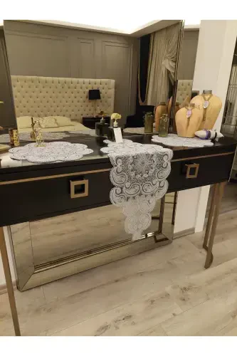Damla Runner Salon Oda Sehpa Masa Örtüsü Fransız Güpürlü Çeyizlik Gri-Gri - 6
