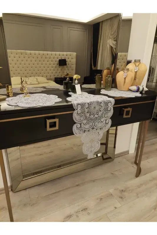 Damla Runner Salon Oda Sehpa Masa Örtüsü Fransız Güpürlü Çeyizlik Gri-Gri - 6