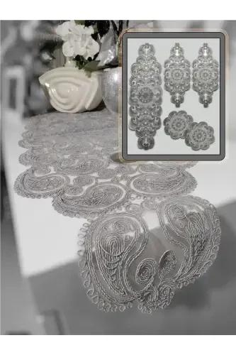 Damla Runner Salon Oda Sehpa Masa Örtüsü Fransız Güpürlü Çeyizlik Gri-Gri - 7