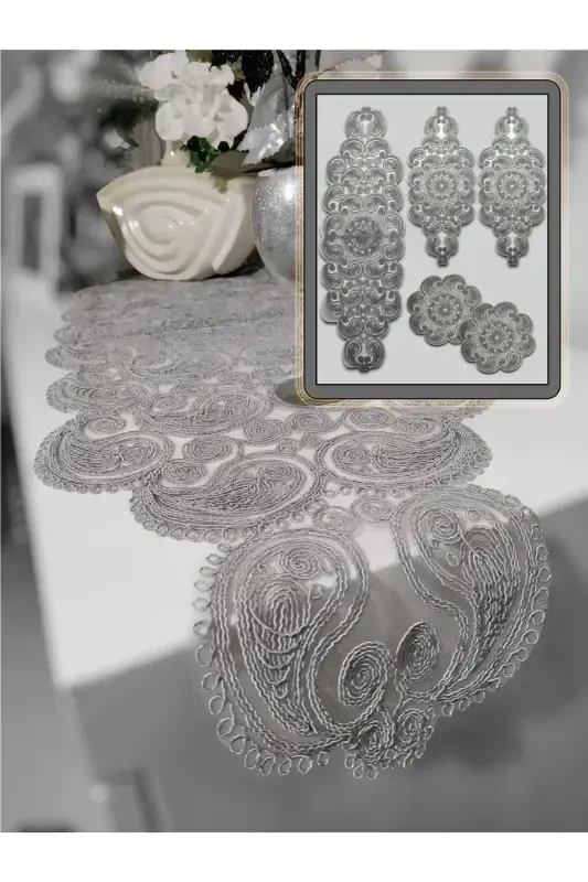 Damla Runner Salon Oda Sehpa Masa Örtüsü Fransız Güpürlü Çeyizlik Gri-Gri - 7