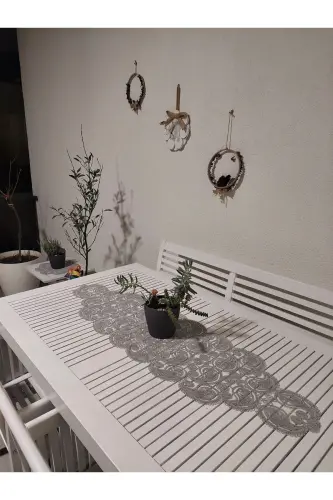 Damla Runner Salon Room Coffee Table Tablecloth French Guipure Dowry Gray-Gray - 3