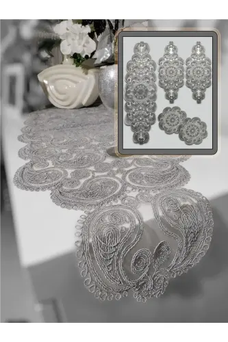 Damla Runner Salon Room Coffee Table Tablecloth French Guipure Dowry Gray-Gray - 7
