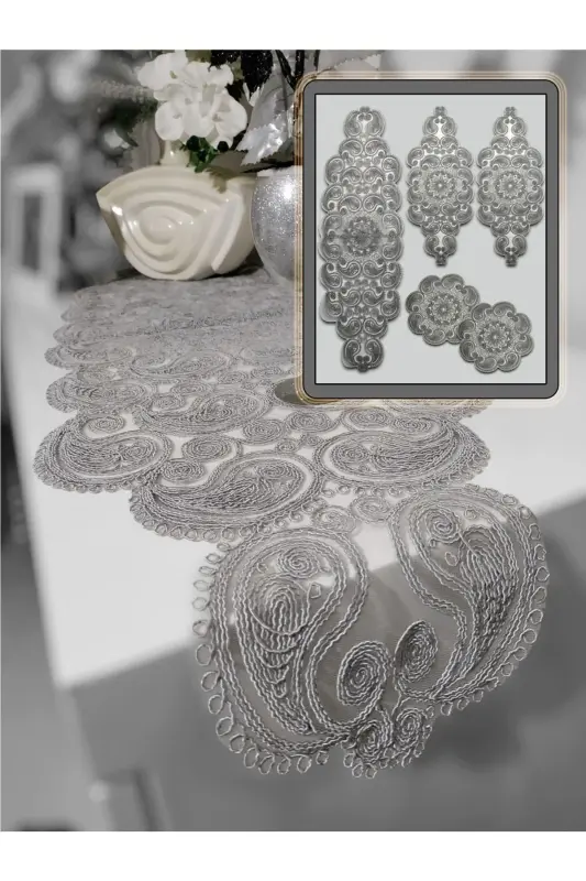 Damla Runner Salon Room Coffee Table Tablecloth French Guipure Dowry Gray-Gray - 7