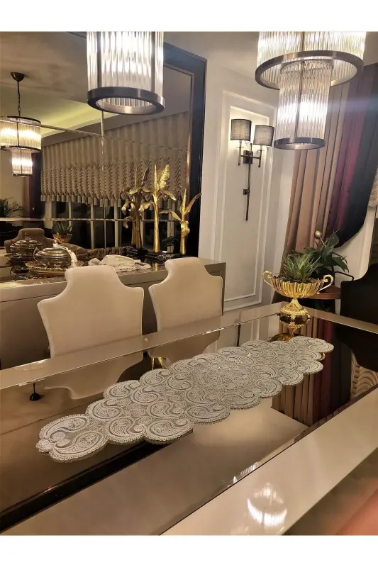 Damla Runner Salon Xona Choyxona Stol Yopig'i Frantsuz Gipyurlu Seplik Kulrang-Kulrang - CAMİNHO DA LUA