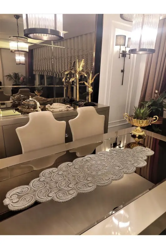 Damla Runner Salon Xona Choyxona Stol Yopig'i Frantsuz Gipyurlu Seplik Kulrang-Kulrang - 2