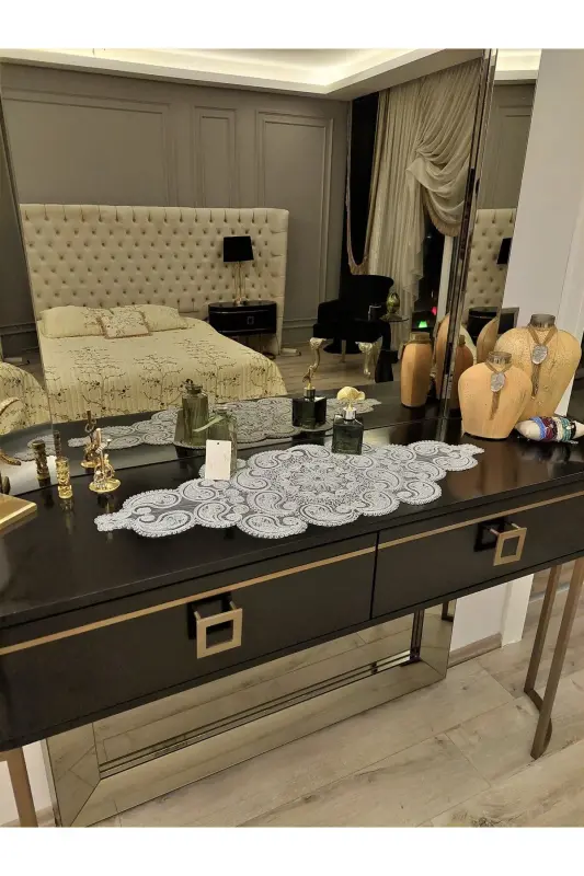Damla Runner Salon Xona Choyxona Stol Yopig'i Frantsuz Gipyurlu Seplik Kulrang-Kulrang - 5