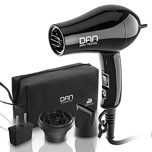 DAN Technology Compact Travel Hair Dryer, 1800 Watts, Black, Ceramic, with Concentrator & Diffuser, European Plug, Folding Handle, Fast Drying for Women and Men - 1