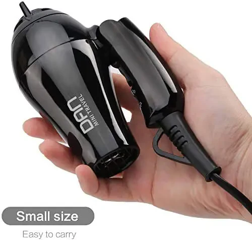 DAN Technology Compact Travel Hair Dryer, 1800 Watts, Black, Ceramic, with Concentrator & Diffuser, European Plug, Folding Handle, Fast Drying for Women and Men - 2