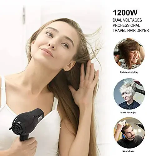 DAN Technology Compact Travel Hair Dryer, 1800 Watts, Black, Ceramic, with Concentrator & Diffuser, European Plug, Folding Handle, Fast Drying for Women and Men - 6