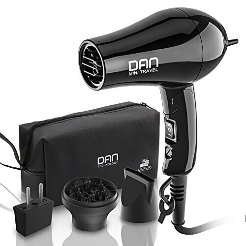 Dan Technology Compact Hair Dryer,Travel Hair Dryer,Portable Mini BlowDryer with Concentrator&Diffuser,HairDryer with European Plug - DAN TECHNOLOGY