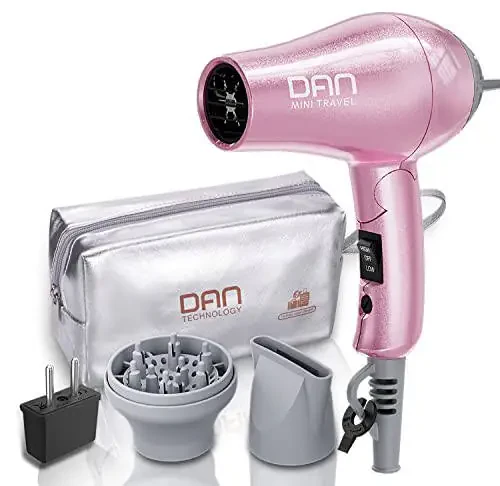 DAN Technology Travel Dual Voltage Mini Blow Dryer with Concentrator, Small Hair Dryer with Diffuser, European Hair Dryer with European Plug, Pink Blow Dryer for Women - 1