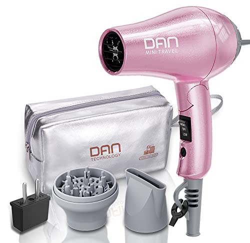 DAN Technology Travel Ikki Voltajli Mini Soch Quritgich Kontsentrator bilan, Diffuzorli Kichik Soch Quritgich, Yevropa Fişi bilan Yevropa Soch Quritgich, Ayollar uchun Pushti Soch Quritgich - DAN Technology