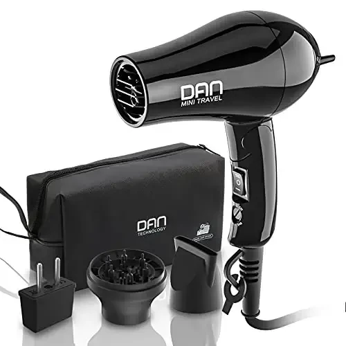 DAN Technology Compact Hair Dryer, Black, European Plug, Portable Mini Blow Dryer with Concentrator & Diffuser, Travel Hair Dryer, 1.2 watts, Foldable, 2 Speeds & Settings - DAN TECHNOLOGY