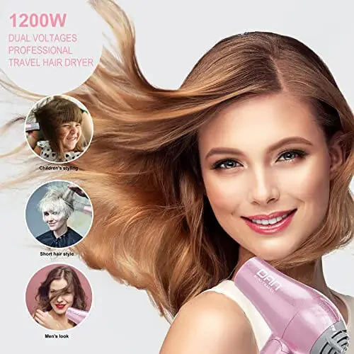 DAN Technology Travel Hair Dryer,Dual Voltage HairDryer,Mini Blow Dryer with Concentrator,Small Hair Dryer with Diffuser,European hairdryer with European Plug,Pink Blow Dryer for Women - 6