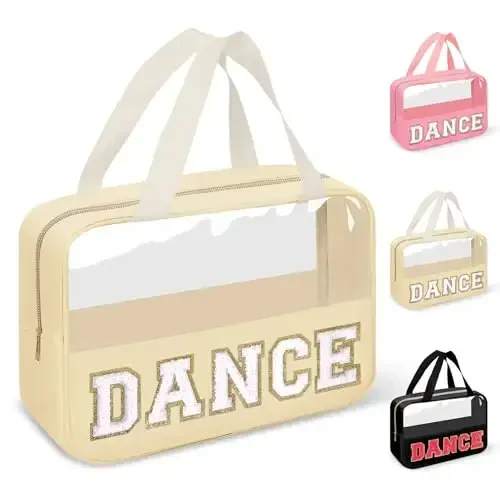 Dance Bag for Girls Chenille Letter Clear Makeup DANCE Stuff Bag,Toddler Dance Recital Gifts Ballet Cosmetic Zipper Pouch with Handle,Dance Competition Accessories Toiletry Storage Bag(DANCE-Beige) - DANCE