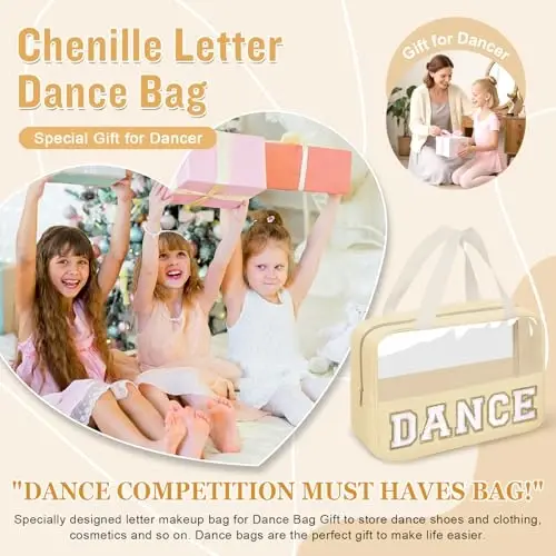 Dance Bag for Girls Chenille Letter Clear Makeup DANCE Stuff Bag,Toddler Dance Recital Gifts Ballet Cosmetic Zipper Pouch with Handle,Dance Competition Accessories Toiletry Storage Bag(DANCE-Beige) - 4