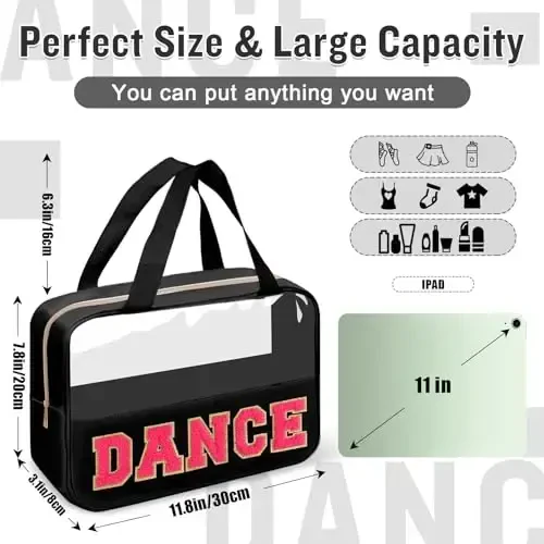 Dance Bag for Girls Chenille Letter Clear Makeup DANCE Stuff Bag,Toddler Dance Recital Gifts Ballet Cosmetic Zipper with Handle,Dance Competition Must Haves Accessories Toiletry Storage(DANCE-Black) - 2