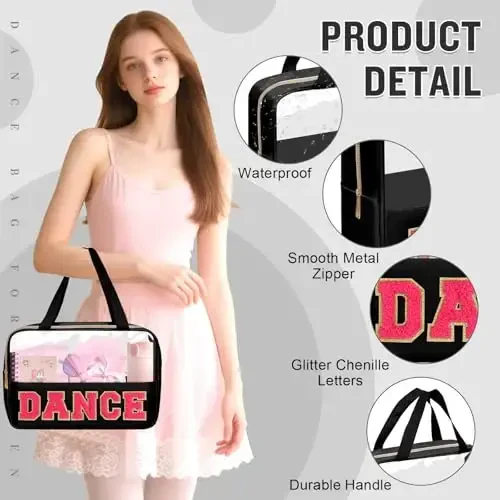 Dance Bag for Girls Chenille Letter Clear Makeup DANCE Stuff Bag,Toddler Dance Recital Gifts Ballet Cosmetic Zipper with Handle,Dance Competition Must Haves Accessories Toiletry Storage(DANCE-Black) - 3