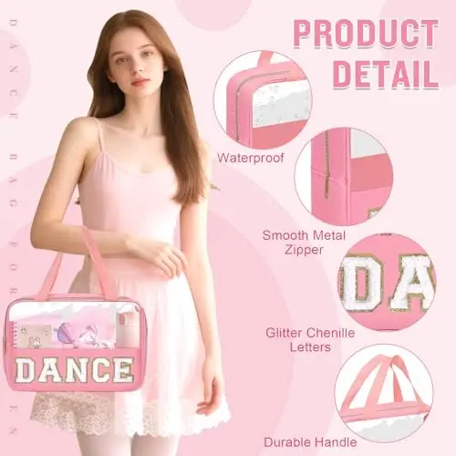 Dance Bag for Girls Chenille Letter Clear Makeup DANCE Stuff Shoe Bag,Toddler Dance Recital Gifts Ballet Cosmetic Zipper with Handle,Dance Competition Accessories Toiletry Storage Women(DANCE-Pink) - 3