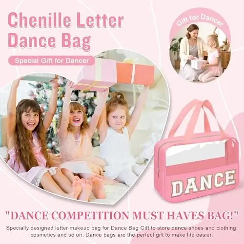 Dance Bag for Girls Chenille Letter Clear Makeup DANCE Stuff Shoe Bag,Toddler Dance Recital Gifts Ballet Cosmetic Zipper with Handle,Dance Competition Accessories Toiletry Storage Women(DANCE-Pink) - 4