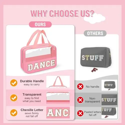 Dance Bag for Girls Chenille Letter Clear Makeup DANCE Stuff Shoe Bag,Toddler Dance Recital Gifts Ballet Cosmetic Zipper with Handle,Dance Competition Accessories Toiletry Storage Women(DANCE-Pink) - 6