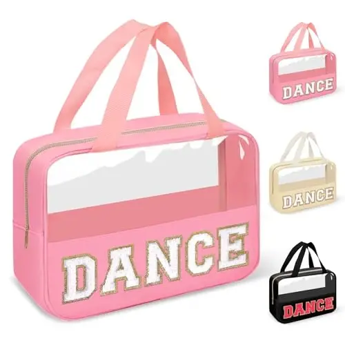 Dance Bag for Girls Chenille Letter Clear Makeup DANCE Stuff Shoe Bag,Toddler Dance Recital Gifts Ballet Cosmetic Zipper with Handle,Dance Competition Accessories Toiletry Storage Women(DANCE-Pink) - 1