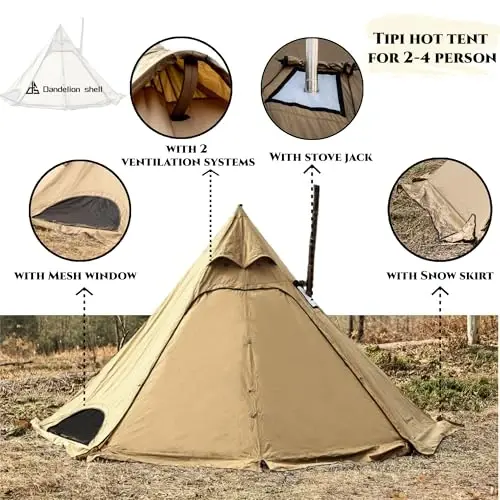 Dandelion Shell 4 Season Camping Hot Tent with Stove Jack for 1-6 Person | Windproof, Waterproof Hot Tent with Stove Jack and Snow Skirt for Camping, Hiking, Backpacking and Outdoor Adventures - 5