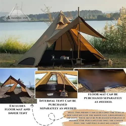 Dandelion Shell 4 Season Camping Hot Tent with Stove Jack for 1-6 Person | Windproof, Waterproof Hot Tent with Stove Jack and Snow Skirt for Camping, Hiking, Backpacking and Outdoor Adventures - 6