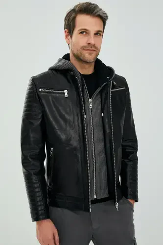 Danger Black Men's Hooded Sport Leather Jacket 23sgd6475ve - DERIMOD (1)